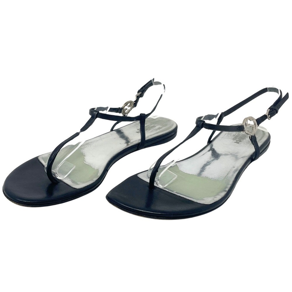 Gucci Thong Sandals Interlocking GG Logo White Gold Black Leather Flats 37.5 - Picture 9 of 11